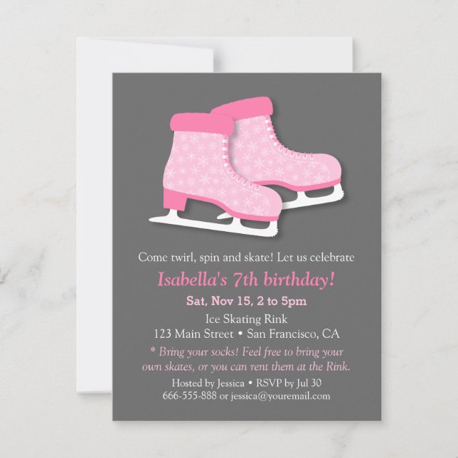 Pink Skates Ice Skating Birthday Party Invitations (Front)