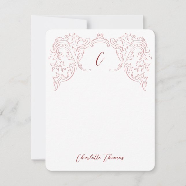 Pink Sketched Vintage Flourish Monogram Stationery Card (Front)