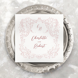 Pink Sketched Vintage Flourish Monogram Wedding Napkin