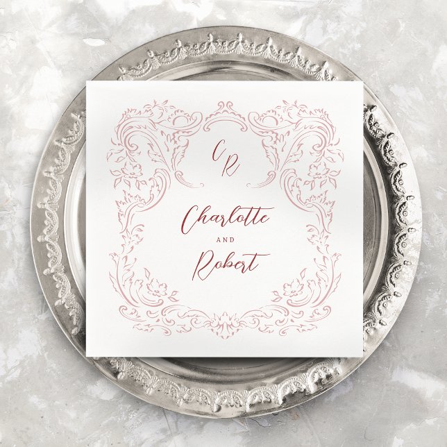Pink Sketched Vintage Flourish Monogram Wedding Napkin (Pink Sketched Vintage Flourish Monogram Wedding Napkins)