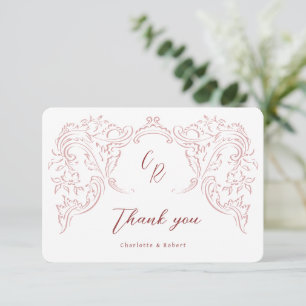 Pink Sketched Vintage Flourish Monogram Wedding Thank You Card