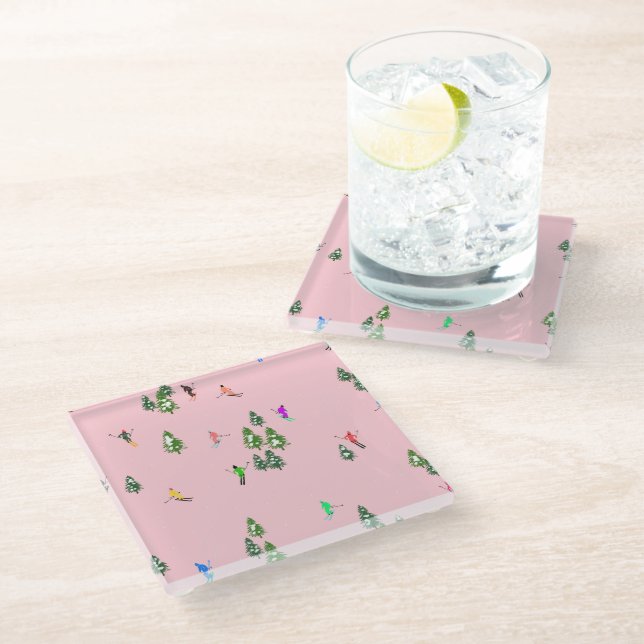 Pink Skiers Ski Opening Christmas Skiing Holiday  Glass Coaster (Angled)