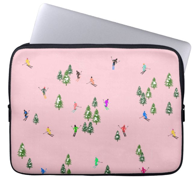 Pink Skiers Ski Opening Christmas Skiing Holiday Laptop Sleeve (Front)