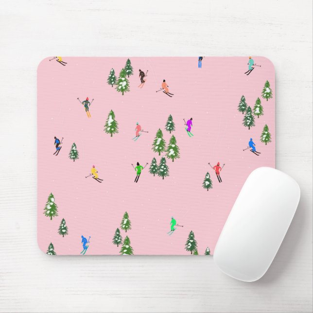Pink Skiers Ski Opening Christmas Skiing Holiday Mouse Pad (With Mouse)