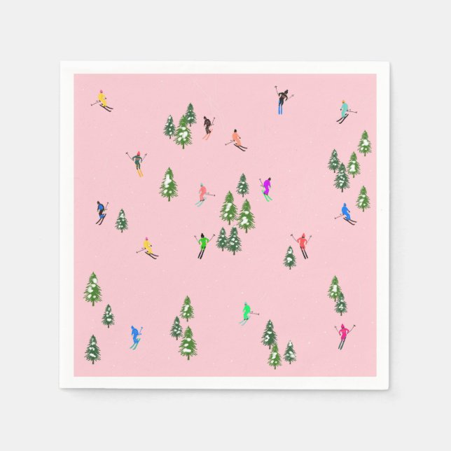 Pink Skiers Ski Opening Christmas Skiing Holiday   Napkin (Front)