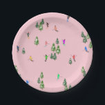 Pink Skiers Ski Opening Christmas Skiing Holiday   Paper Plate<br><div class="desc">Ski opening! Cool winter-themed skier pattern design with skiers skiing down alpine ski resort slopes among snow-covered fir trees in the alps. Freeride skiers are wearing colourful vintage retro ski suits, skiing downhill with skis on a pastel pink snowy mountain landscape background. Wonderful winter sports fun gift for a skier...</div>