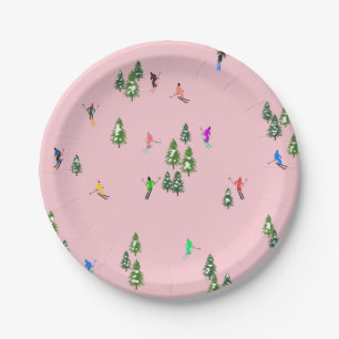 Pink Skiers Ski Opening Christmas Skiing Holiday   Paper Plate