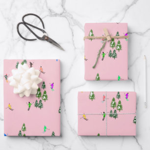 Pink Skiers Ski Opening Christmas Skiing Holiday Wrapping Paper Sheet
