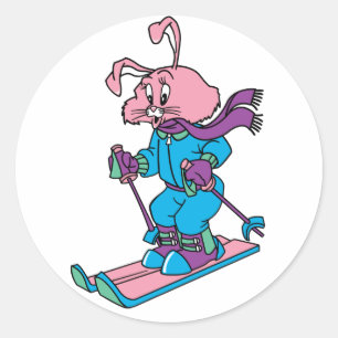 Pink Skiing Rabbit Classic Round Sticker