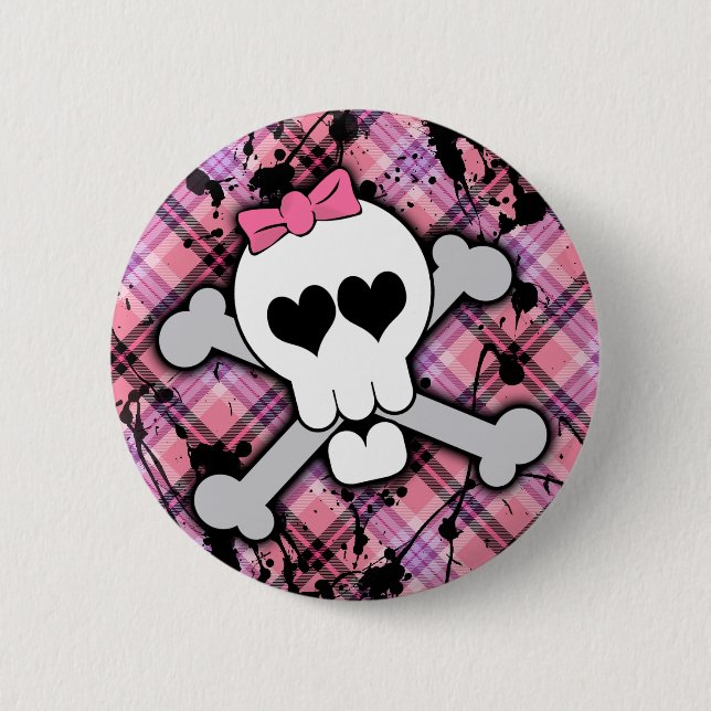 Pink Skull and Crossbones with Hearts and Bow 6 Cm Round Badge (Front)