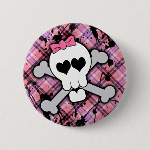 Pink Skull and Crossbones with Hearts and Bow 6 Cm Round Badge