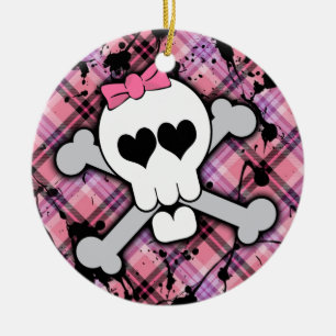 Pink Skull and Crossbones with Hearts and Bow Ceramic Tree Decoration