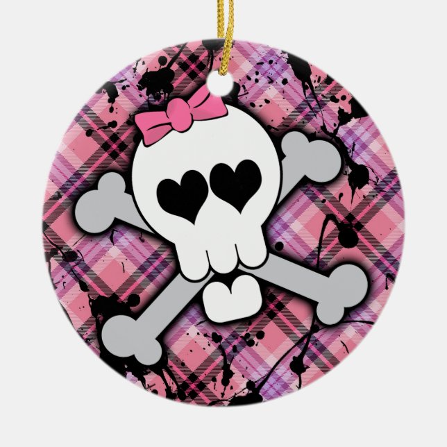Pink Skull and Crossbones with Hearts and Bow Ceramic Tree Decoration (Front)