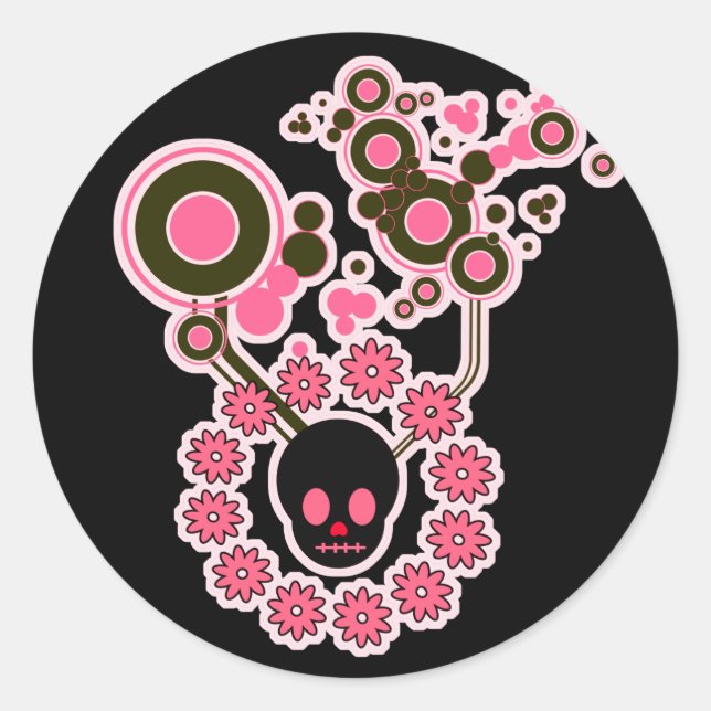 Pink Skull and Flower Circles Classic Round Sticker (Front)