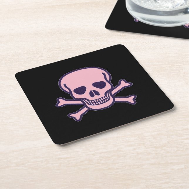 Pink Skull black paper drink coasters (Angled)