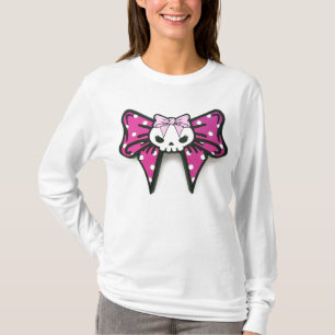 Pink Skull Bowtie girls white long sleeved hoodie T-Shirt
