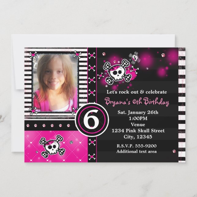 Pink Skull & Crossbones Hearts Photo Invitation (Front)