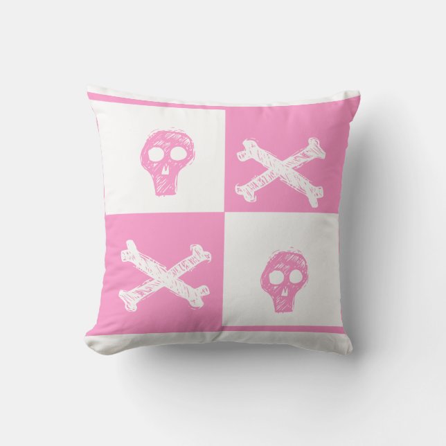 pink skull pink and white chequered board  pattern cushion (Front)