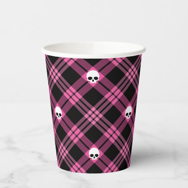 Pink Skull Plaid Paper Cup (Left)