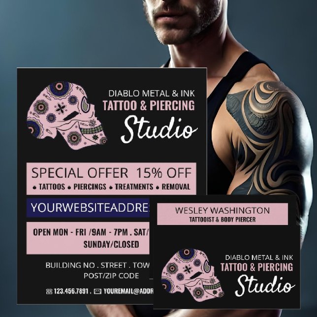 Pink Skull Tattoo, Tattoo & Body Piercing Studio Flyer (Creator Uploaded)