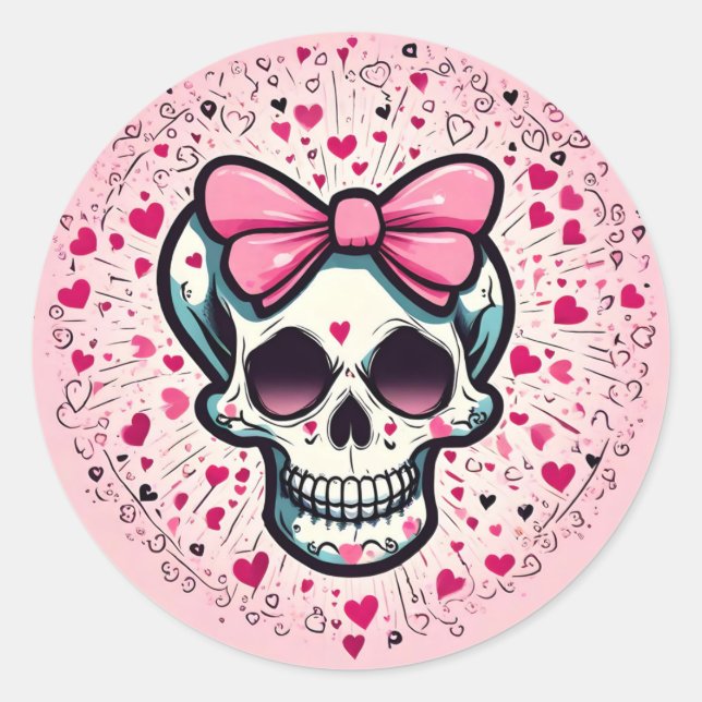 pink skull with bow classic round sticker (Front)