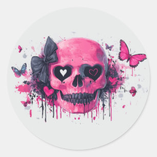 Pink Skull with Butterflies and Hearts Classic Round Sticker