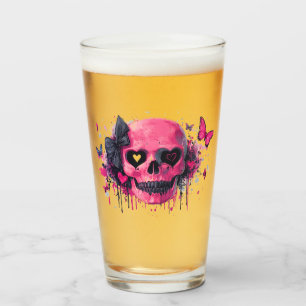Pink Skull with Butterflies and Hearts Glass