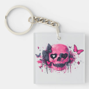 Pink Skull with Butterflies and Hearts Key Ring