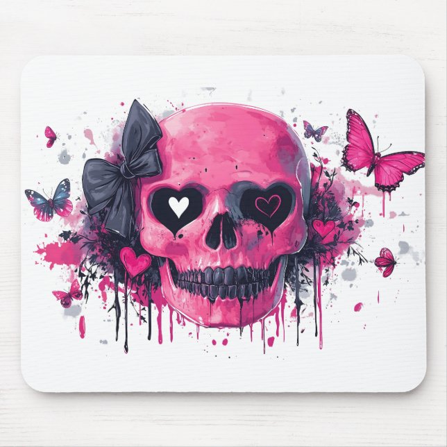 Pink Skull with Butterflies and Hearts  Mouse Pad (Front)