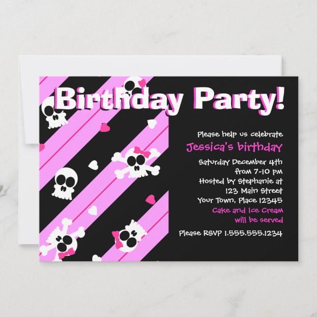 Pink Skulls and Hearts Birthday Party Invitation (Front)
