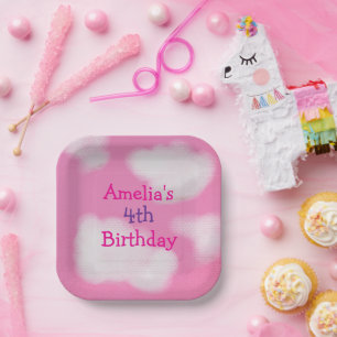 Pink sky and fluffy clouds Birthday Paper Plate