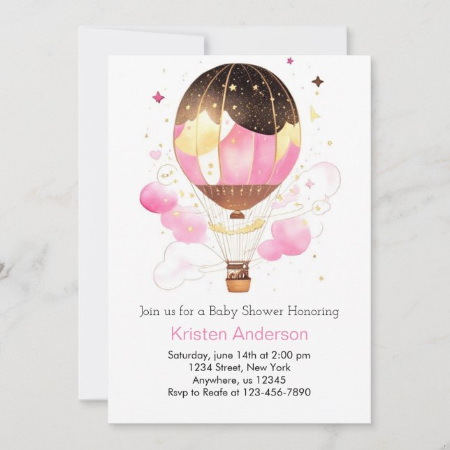 Pink Sky Balloon Adventure Girl Baby Shower Invitation (Front)