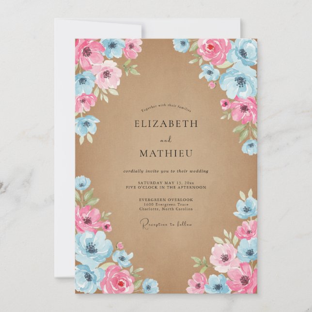 Pink Sky Blue Petal Wedding Invitation (Front)