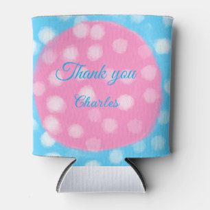 Pink sky blue white polka dots thank you add name can cooler