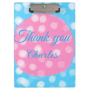 Pink sky blue white polka dots thank you add name clipboard