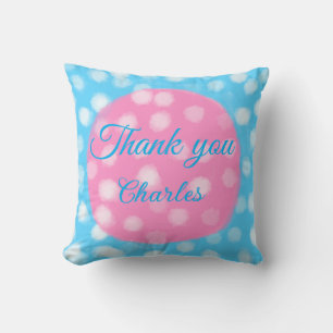 Pink sky blue white polka dots thank you add name cushion