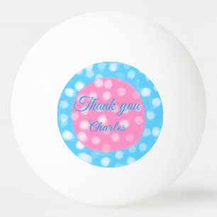 Pink sky blue white polka dots thank you add name ping pong ball