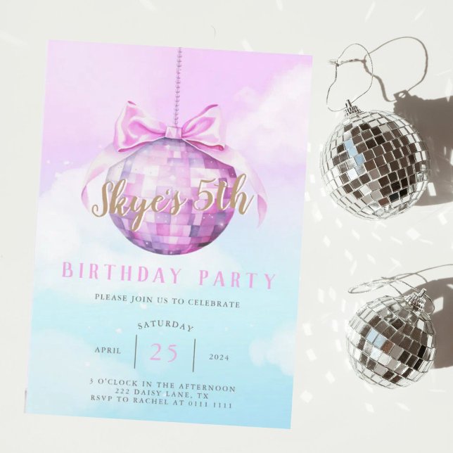 Pink Sky Discoball Girl Birthday Invitation  (Pink Discoball Y2K Girl Birthday )