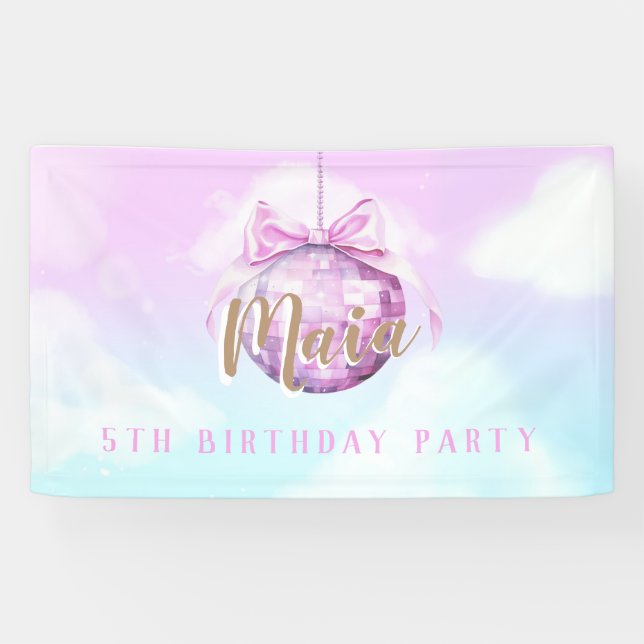Pink Sky Discoball Girl Birthday Party Banner (Horizontal)