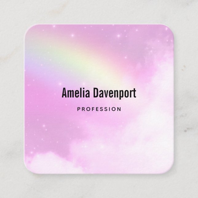 Pink Sky with Lemon Yellow Rainbow Square Business Card (Front)