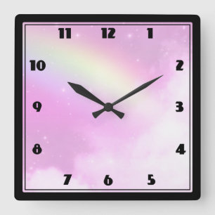 Pink Sky with Lemon Yellow Rainbow Square Wall Clock