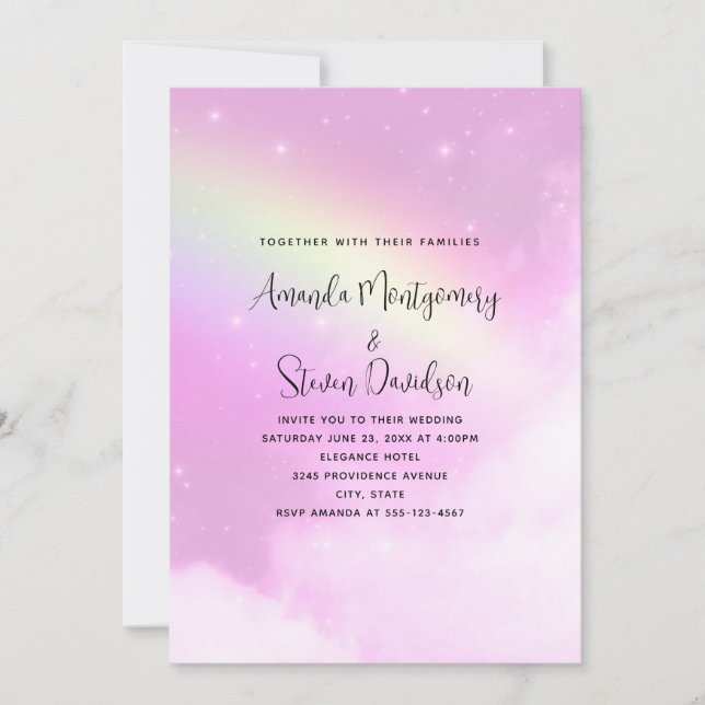 Pink Sky with Lemon Yellow Rainbow Wedding Invitation (Front)