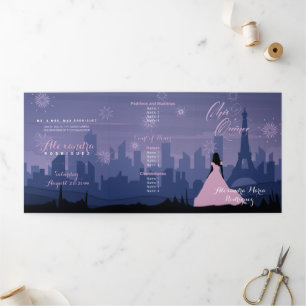 Pink & Slate Blue Paris Fireworks Quinceañera Tri-Fold Invitation