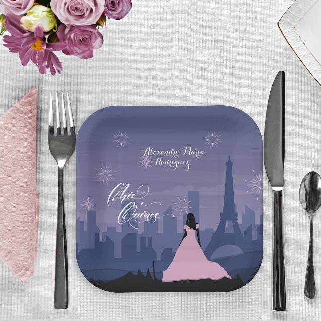 Pink & Slate Blue Paris Fireworks Quinceañera Tri- Paper Plate (Creator Uploaded)