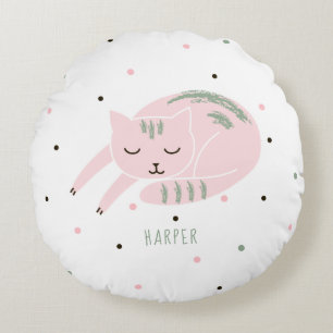 Pink Sleeping Cat Personalized Round Cushion