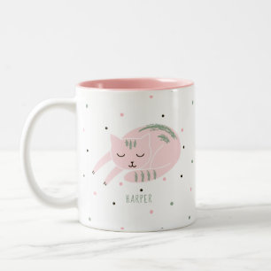 Pink Sleeping Cat Personalized Two-Tone Coffee Mug