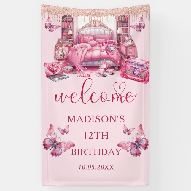 Pink Sleepover Girl Birthday Personalised Banner (Vertical)