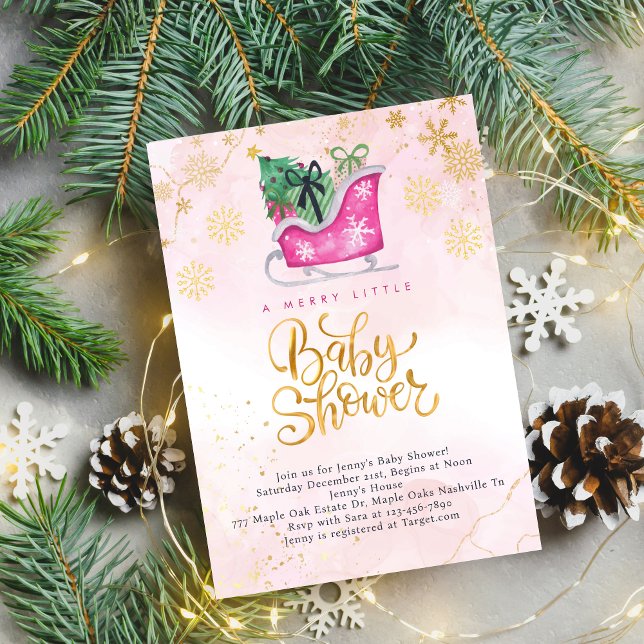 Pink Sleigh A Merry Little Baby Shower Invitation (Creator Uploaded)