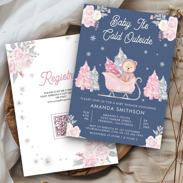 Pink Sleigh Cute Teddy Bear Dusty Blue Baby Shower Invitation (Creator Uploaded)