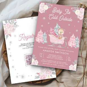 Pink Sleigh Cute Teddy Bear Dusty Rose Baby Shower Invitation